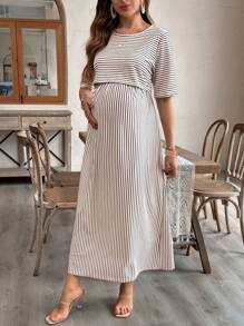 SHEIN Maternity & Nursing Striped Dress, Fashion Suitable For Summer - Khaki - View 3