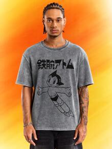 Astro Boy X SHEIN Men's Cartoon Graphic Print Round Neck Short Sleeve T-Shirt Tee - Grey - View 4