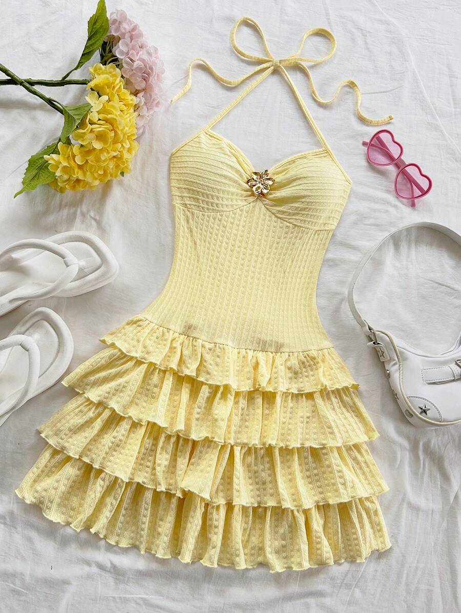 Soleia Vacation Romantic Tie Neck Ruffle Layered Mini Dress, Light Yellow, Suitable For Music Festival, Boho, Holiday Date, Afternoon Tea, Beachside, Summer Outfit Butter Yellow Dress Vacation Dress - Yellow - View 1