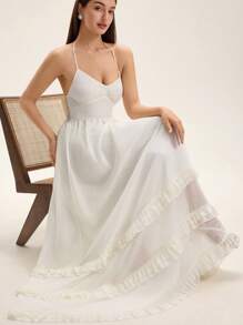 SHEIN Unity French Elegant Pure White Pearl Chiffon V-Neck Spaghetti Strap Pleated Bust Cinched Waist Layered Ruffle Sleeveless Maxi Dress For Summer - White - View 1