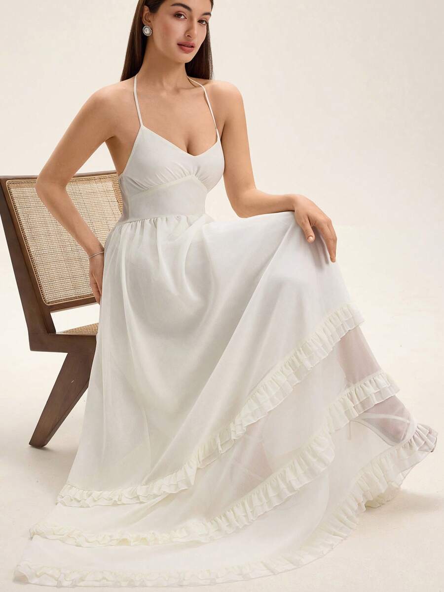 SHEIN Unity French Elegant Pure White Pearl Chiffon V-Neck Spaghetti Strap Pleated Bust Cinched Waist Layered Ruffle Sleeveless Maxi Dress For Summer - White - View 1