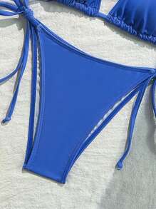 Swim Mod Blue Halter Tie Bikini Set With Printed Short Sleeve Top - Navy Blue - View 4