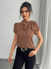 Rafferiza Áo cánh tay bướm buộc trước màu trơn đơn giản, đa năng cho nữ, mùa xuân/hè - màu nâu - Xem 4