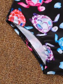 2pcs/Set Girls Turtle Print Swimsuit, Includes Turtle Print Tankini Top And Turtle Print Swimshorts, Suitable For Beach Vacation