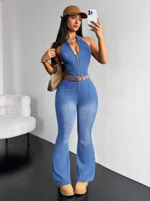 SHEIN EZwear 女式渐变色拉链前挂脖无袖牛仔连体裤