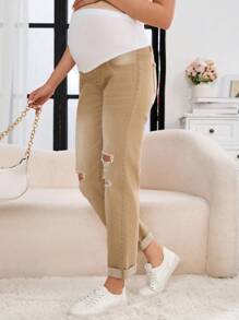 SHEIN Maternity Solid Color Ripped Pocket Casual Jeans - Khaki - View 5