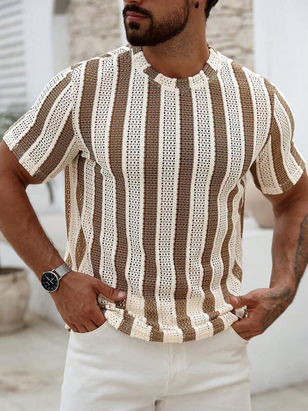 Manfinity CasualCool Men's Casual Colorblocked Striped Short Sleeve T-Shirt, Summer
