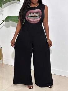 Maweii Plus Size Women's Comfortable Casual Jumpsuit With Rhinestone Lip Print - Multicolor - View 3