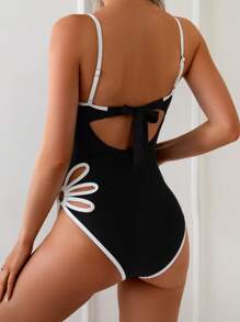 Swim Basics Ladies' Black & White Floral Pattern Beach One-Piece Swimsuit With Adjustable One Shoulder Strap For Summer Beach Vacation - Black and White - View 2