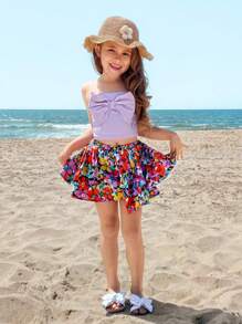 SHEIN 2pcs/Set Young Girls Sweet Bowknot Decor Crop Top And Ditsy Floral Shorts Sets - Purple - View 6