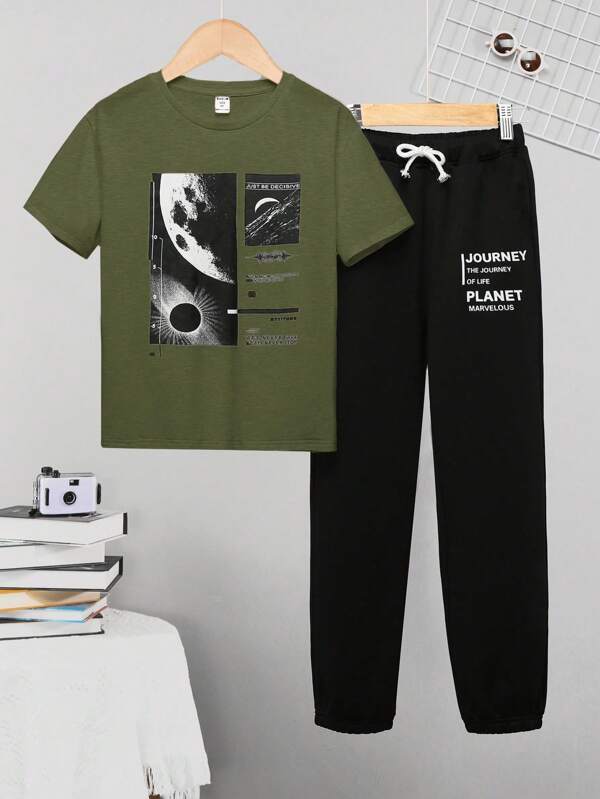 SHEIN 2pcs/Set Teen Boys' Casual Space Elements Print Knit Round Neck Short Sleeve T-Shirt And Print Long Pants Outfit, Suitable For Outing, Transitional Season