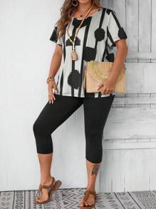 EMERY ROSE Plus Size 2pcs/Set Women Polka Dot Short Sleeve T-Shirt And Elastic 3/4 Length Leggings