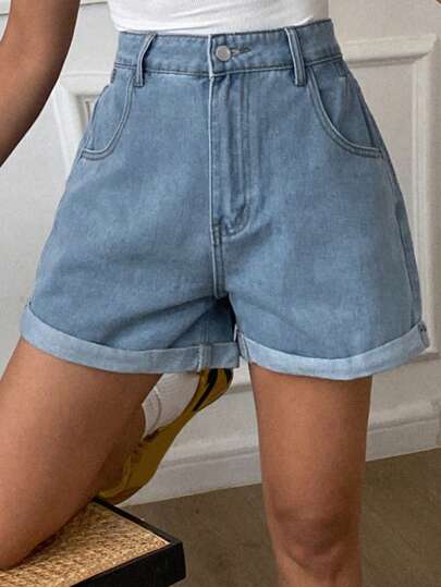 Livesso 纯色口袋休闲宽松牛仔短裤，适合夏季