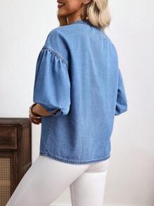 EMERY ROSE Women's Button Up V-Neck Dropped Shoulder Casual Denim Top - Blue - View 2