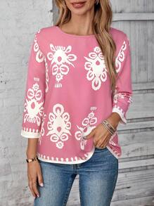 EMERY ROSE Women's Holiday Floral Print Round Neck 3/4 Sleeve Casual Loose Shirt