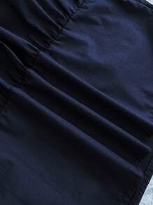 Teen Girls Blue Color Block Shoulder, Chest Ruched, Fitted, Casual, Collegiate, Woven Blouse, Versatile Shirt