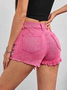 SHEIN PETITE Roze damesjeansshorts met lage taille en scheuren, comfortabele stretch, perfect voor zomerse muziekfestivals en het Y2K-festival. - Roze - Bekijken 2