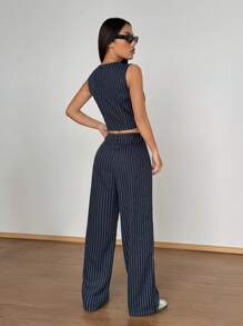 Flirla Petite 女式两件套服装：条纹 V 领可调节腰部短款上衣和宽松直筒休闲裤套装，春夏