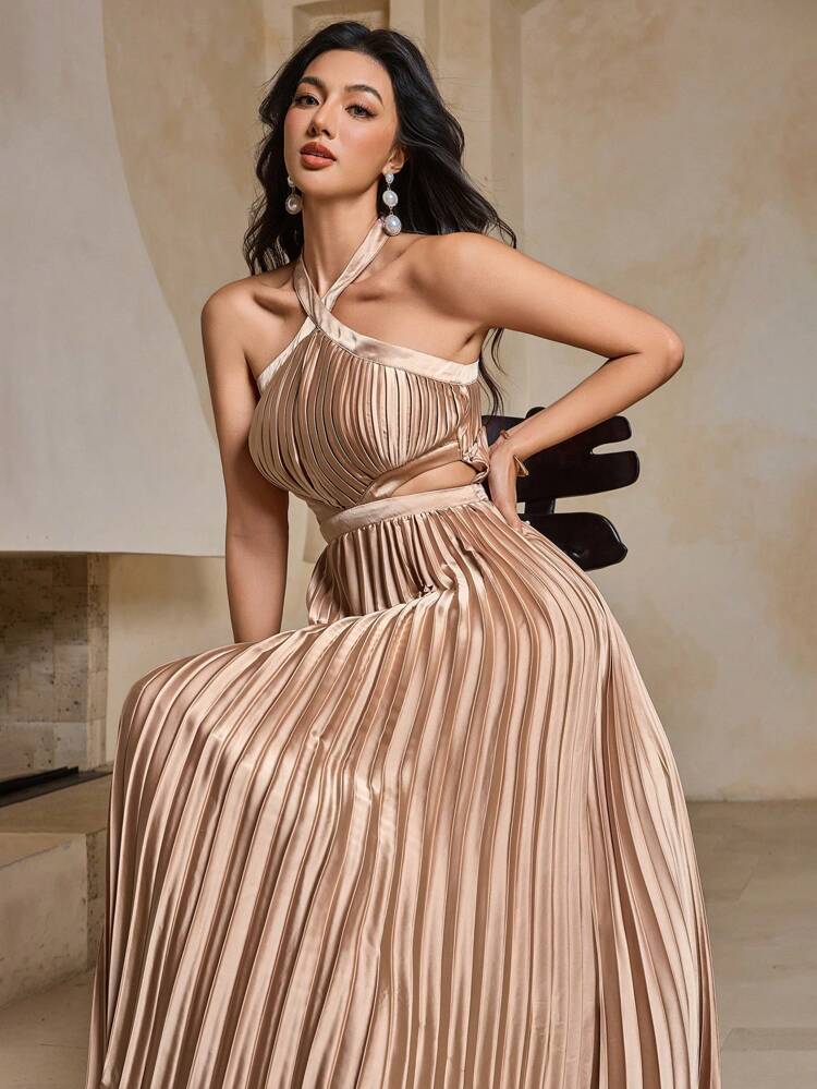 Women's Criss-Cross Hollow-Out Solid Color A-Line Long Dress, Bohemian Style For Vacation, Music Festival, Graduation Ceremony Wedding Women Dresses