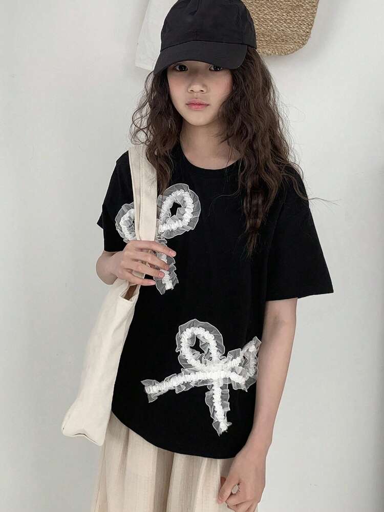 Tween Girl Casual Round Neck Bow Decor Short Sleeve T-Shirt, Summer, Back To School Clothes