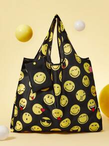 SmileyWorld® | SHEIN 1pc Cute Smiling Face Printed Polyester Foldable Shopping Bag, Tote Bag, Equipped With A Small Storage Bag With A Bead Chain, Can Be Hung On A Bag