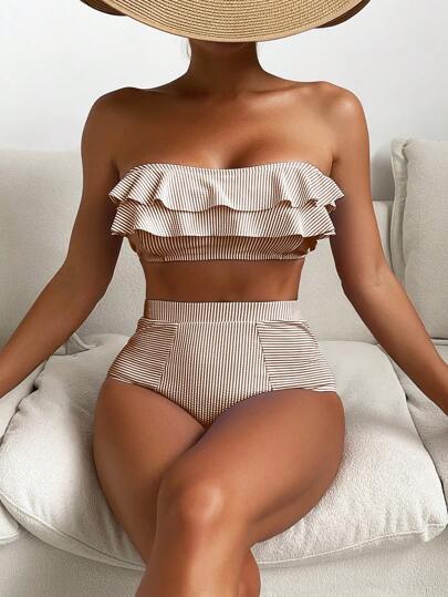 Costavie 2pcs Striped Tankini Swimsuit With Triangle Bottoms, Fashionable For Summer