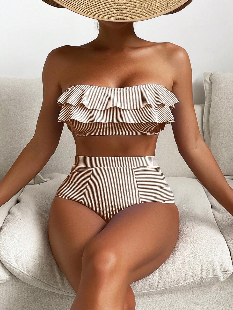 Costavie 2pcs Striped Tankini Swimsuit With Triangle Bottoms, Fashionable For Summer - Brown - View 1