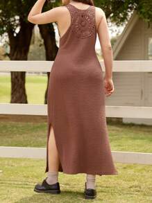 LanaWest Plus Size Knit Solid Color Fitted Round Neck Casual Resort Splice Lace Back Elegant Comfortable Elastic Dress - Brown - View 2