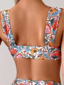 Swim Vcay 女式两件套花卉印花坦基尼，粗肩带高腰比基尼套装，休闲舒适度假泳衣 - 彩色 - 查看 6