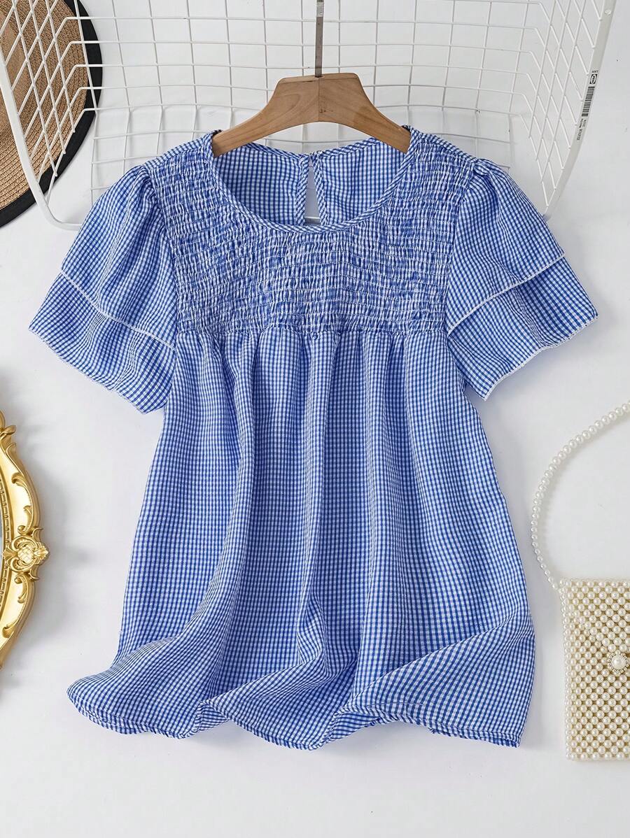 SHEIN LUNE 全新法式设计复古甜美短袖格子修身宽松休闲复古黑白格子女式衬衫 - 藍色 - 查看 1