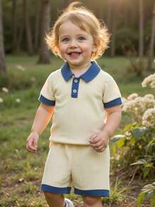 Cozy Pixies 男婴拼色 Polo 领短袖上衣和松紧腰短裤两件套 - 彩色 - 查看 2