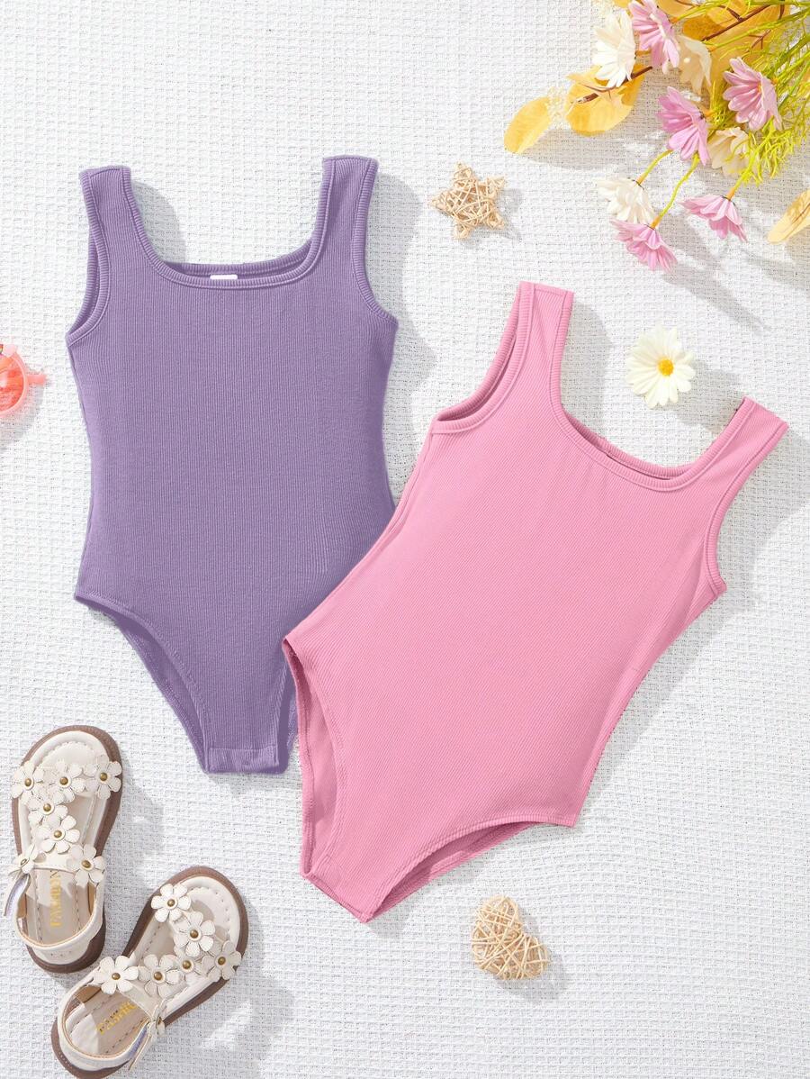 SHEIN Young Girl Street Style Knitted Solid Color Bodysuit, 2pcs/Set, Spring/Summer - Purple - View 1