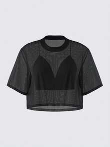 SHEIN BASICS Plus Size Women Solid Color Cropped Camisole Mesh Short Sleeve Top Set Party Club Concert Rave Date Night Black Summer Sexy 70's Halloween - Black - View 3