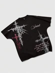 ROMWE MEN Goth Camiseta de manga corta con estampado de alas de murciélago para hombres, ropa casual para primavera y verano