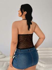 SHEIN EZwear Camolă cu curele spaghete din plasă strălucitoare de mărime Plus - Negru - Vizualizare 2
