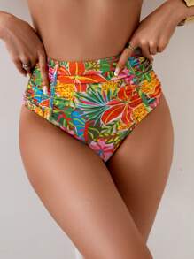 Swim Lushoire Damen Sommer zufälliges Blumen-Muster High Waist Badeshorts, schlankende Bikini-Hose für Strandurlaub