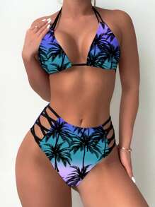 Swim Vcay Conjunto de bikini sexy con escote de atar y estampado de palmeras para mujeres (patrón impreso al azar) - Multicolor - Ver 4