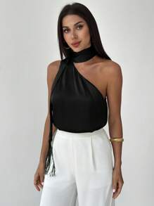 Firerie 露肩单肩纯色缎面绿色缎面通勤衬衫，情人节、婚礼季、圣帕特里克节、春夏季新品 - 黑色 - 查看 4