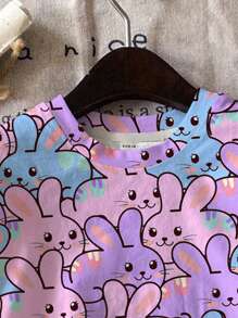 SHEIN Leap Crew 2pcs/Set Cute Cartoon Colorful Rabbit Print Tween Girls Casual Minimalist Short Sleeve T-Shirt And Shorts Set, Suitable For Summer