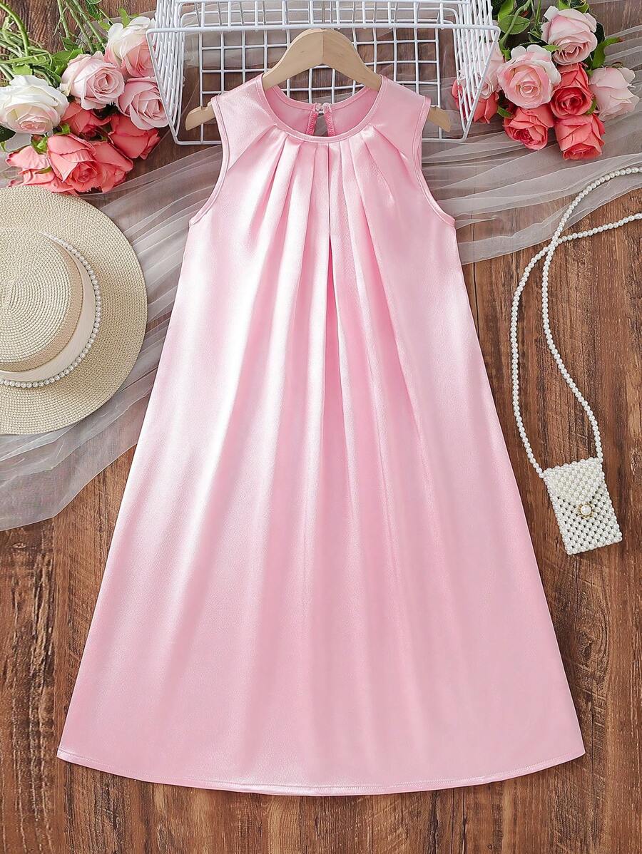 Girls' Green Textured Sleeveless Flared Dress With Bow Back Detail - Pink - View 1