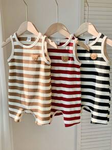 SHEIN 3件套新生儿男宝宝可爱夏季休闲针织条纹熊图案无袖连体衣 - 彩色 - 查看 8