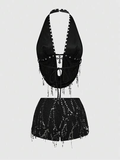 Grunge Punk Y2K Spice Girls Music Festival Outfit Metal Cross Pendant PU Splicing Fishnet Beads Swinging Collar Backless Halter Neck Women's Suit