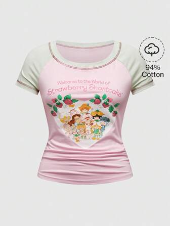 Camiseta de manga corta con cuello redondo, bloques de color, diseño con dibujos animados y letras, talla grande, para verano