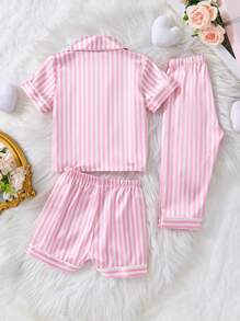 3pcs/Set Baby Girl Solid Striped Print Short Sleeve Top And Pants Set, For Spring/Summer