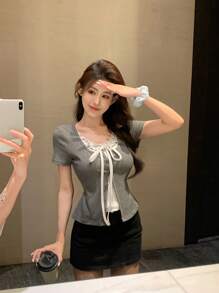 DAZY Women's Summer 2 In 1 Ruffled Bowknot Short Sleeve T-Shirt