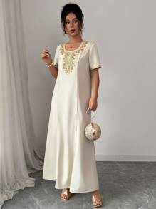 SHEIN Clasi Robe d'été pour femmes avec col rond, garniture en dentelle florale dorée - Nude - Voir 7