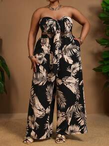 SHEIN CURVE+ مجموعة قطعتين من ملابس علوية كروب مطبوعة بنباتات استوائية مع عقدة وبنطلون واسع الساق لمقاسات كبيرة، ملابس للعطلات، منحنيات زائدة، بوهيمي للعطلات، ملابس عطلات شاطئية للمرأة/فستان شاطئي/ملابس عطلات شاطئية/أساسيات شاطئية/تخرج/فستان حفلة الشاي/صيف/ريفي/ملابس عطلات شاطئية/ملابس شاطئية/ملابس شاطئية