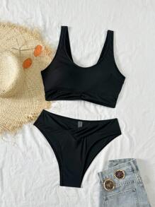 Swim Chiccia Ensemble de bikini noir unicolore pour femmes, convient pour les vacances, la plage, les fêtes - Noir - Voir 6