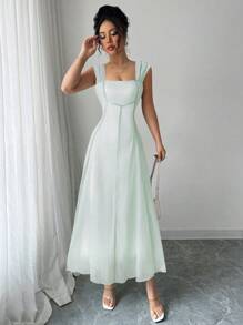 Elenzga Váy mini dây mảnh thanh lịch cao cấp kiểu Pháp xuân/hè 2025 mới tuyệt đẹp, thắt eo bằng lưới xanh thanh thoát, thon gọn - màu xanh lá - Xem 1