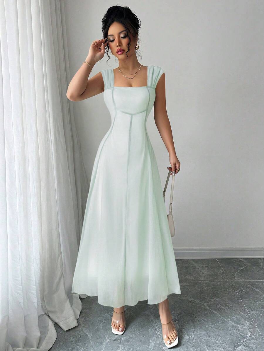 Elenzga Váy mini dây mảnh thanh lịch cao cấp kiểu Pháp xuân/hè 2025 mới tuyệt đẹp, thắt eo bằng lưới xanh thanh thoát, thon gọn - màu xanh lá - Xem 1